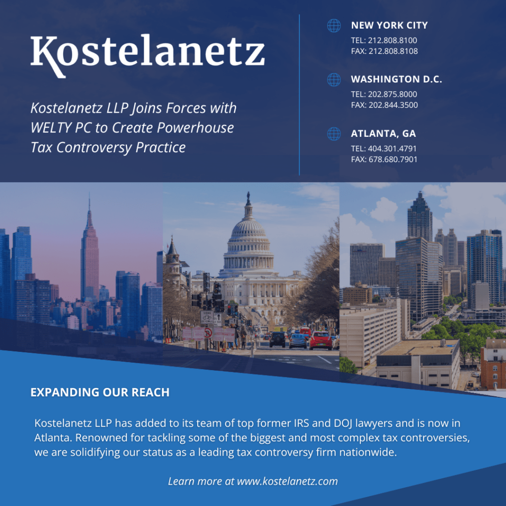Images of New York City, Washington, D.C., and Atlanta, Ga., where Kostelanetz offices will be following combination of Kostelanetz LLP and Welty PC.
